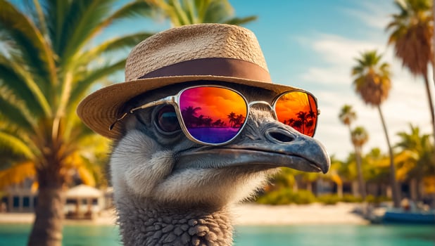 Cartoon ostrich with glasses and hat on the beach design photo