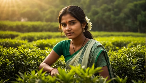 Indian girl picking green tea on a plantation photo