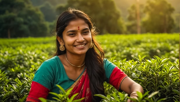 Indian girl picking green tea on a plantation photo