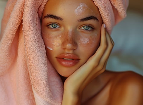 close-up of beautiful young woman with bath towel on head with outdoor background photo