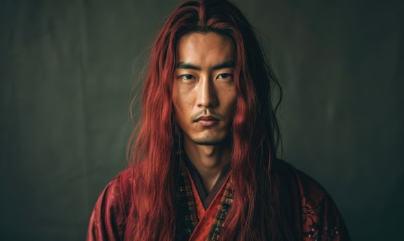 Portrait of young Asian man with deep red long hair in traditional clothes looking at camera photo