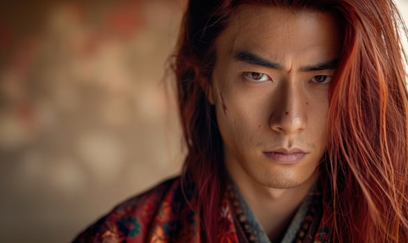 Portrait of young Asian man with deep red long hair in traditional clothes looking at camera photo