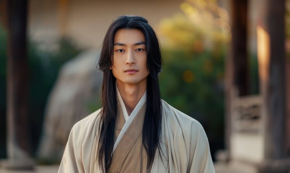 Portrait of young Asian man with dark long hair in traditional clothes looking at camera photo