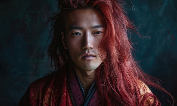 Portrait of young Asian man with deep red long hair in traditional clothes looking at camera photo