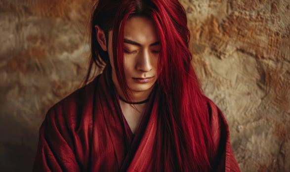 Portrait of young Asian man with deep red long hair in traditional clothes looking at camera photo