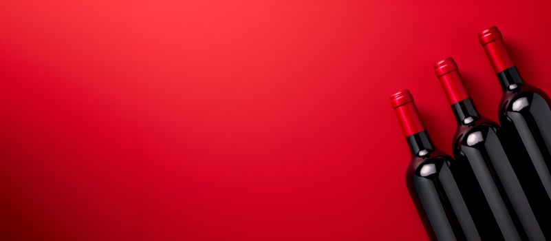Three bottles of wine on a red background with copy space photo