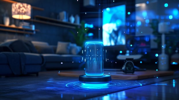 A floating hologram of a voice istant ready to take commands for controlling smart appliances photo