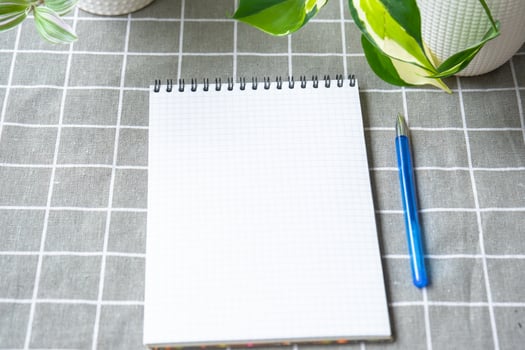 An empty mock up notebook with a pen on a table with home potted plants. Recording recommendations for plant care photo