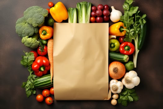 Paper bag with different vegetables top view, free space for text. Empty sheet of kraft paper photo