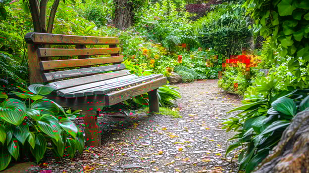 Tranquil Garden Bench Surrounded by Blooming Flowers photo