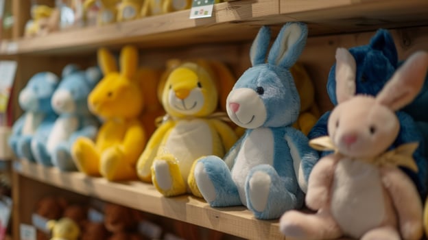 Adorable plush toys in the shape of rabbits and chicks are perched on shelves waiting to be cuddled by excited children photo