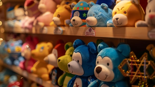 A festive display of Hanukkah themed plush toys including cuddly dreidels and menorahs photo