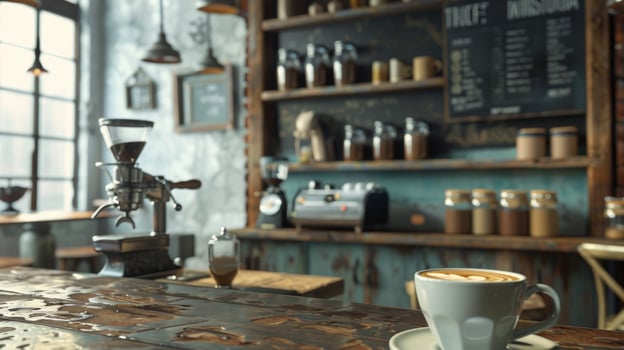 A peek inside a vintage coffee shop with shelves lined with antique coffee grinders and a chalkboard menu advertising their specialty drinks. In the foreground a latte wit photo
