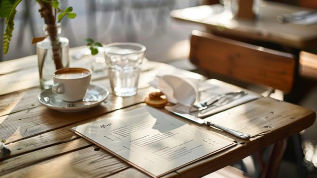 A menu card with a simple design and elegant font featuring only a few items carefully selected to represent the cafes specialties photo