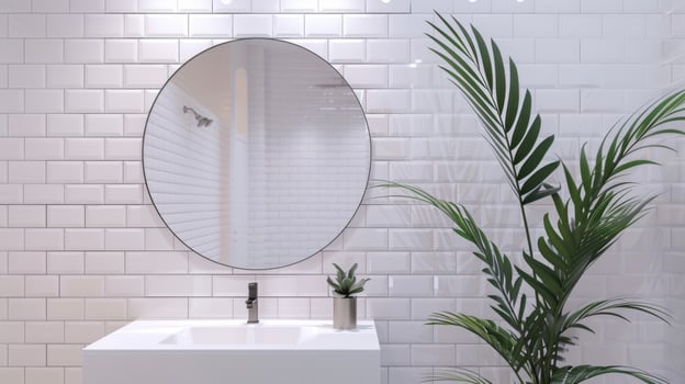 The cafes bathroom features a clean modern design with white subway tiles minimalist fixtures and a large circular mirror. A single potted plant adds a pop of color to th photo