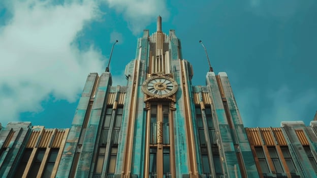 A unique blend of lavender teal and gold give an art deco building a bold and modern look. Its smooth sleek facade is punctuated by a towering clock tower and striking geometri photo