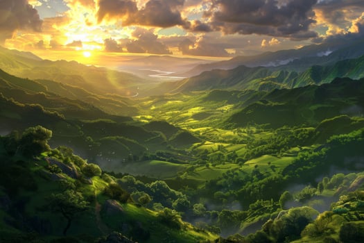 Sunset Over Flowering Hills and Distant Mountains photo