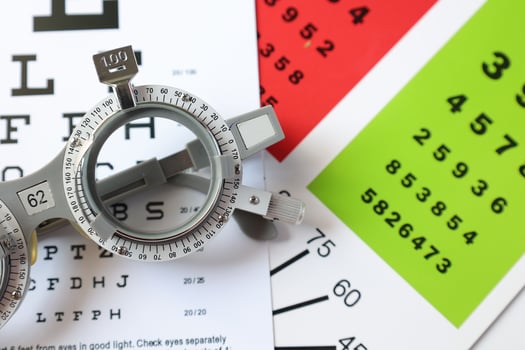 Trial frame glasses for eye test on chart in optical store photo