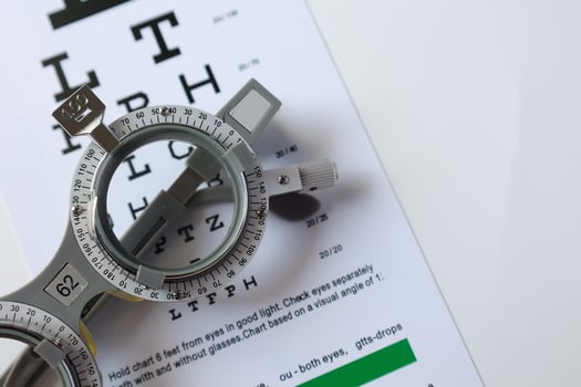 Trial frame glasses for eye test on chart in optical store photo