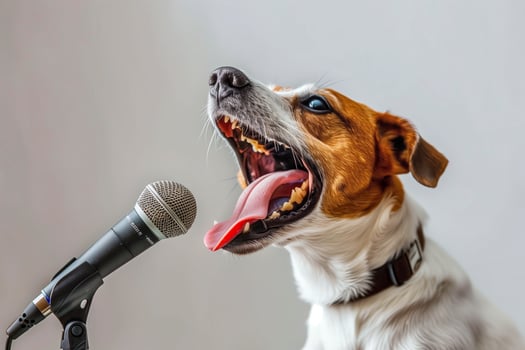 A dog singing into a microphone photo