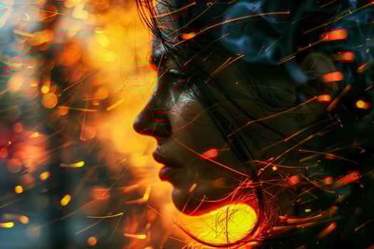 Woman standing rain against background fire photo