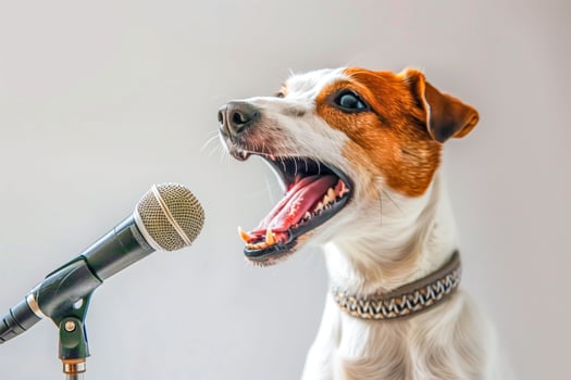 A dog standing in front of a microphone photo