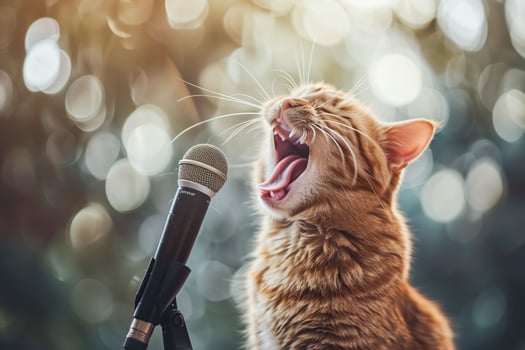A cat singing into microphone photo
