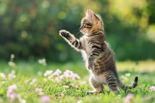 A cat standing or kung fu training in the grass photo