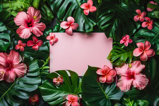 Pink flowers and leaves bordering a plain card on pink backdrop photo