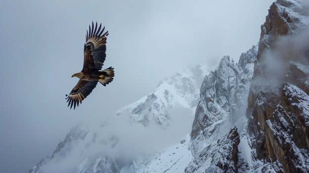 Majestic shot of an eagle soaring high above a breathtaking snowy mountain landscape symbolizing freedom strength and the beauty of the natural world photo