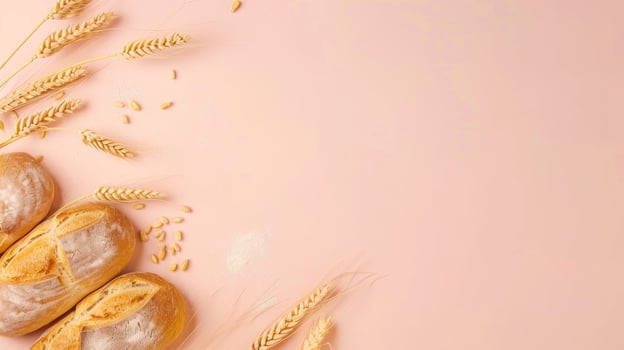 Top view background with a variety of bakery products and bread photo