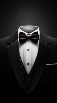Photorealistic Mens Elegant Tuxedo Suit with Bow Tie. Illustration of Realistic Black Suit. Elegant back. photo