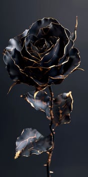 A black rose with gold accents is the main focus of the image. The rose is surrounded by a dark background, which adds to the overall mood of the piece photo