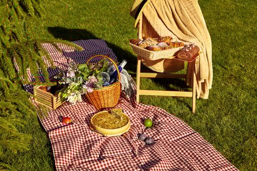 Summer picnic setup with quiche and pastries on grass photo