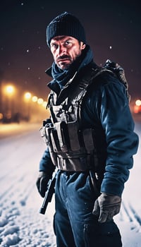 photo of adult Slavic man as spy agent standing posing for picture at winter night,