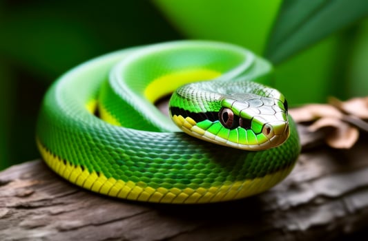 Symbol of the year 2025, a green poloz on a tree branch with a background of blurred leaves. concepts. holiday greeting cards and invitations, marketing materials for pet stores photo