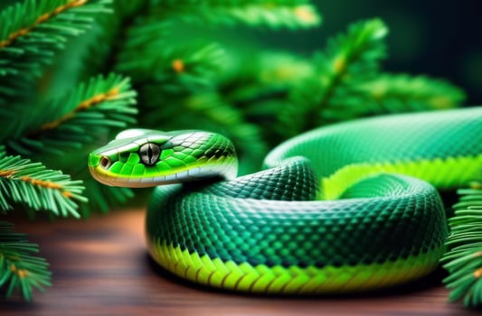 Christmas tree branches with colorful green snake as a symbol of the New Year 2025. Christmas concept and cards, holiday invitations photo
