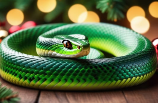 design with a green snake with fir branches, blurred lights, will create a festive atmosphere in the design of cards, invitations and marketing materials for Christmas, New Year and photo