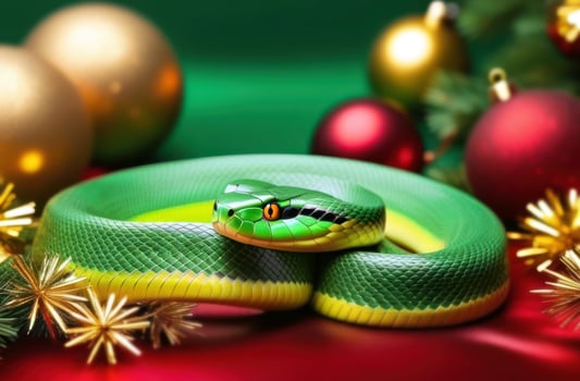 Green snake framed by Christmas decor - an original concept for winter promotional materials photo