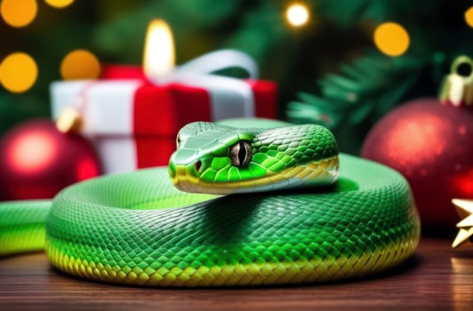 A green snake against a background of festive Christmas details is an original accent for winter holiday and sale marketing materials photo