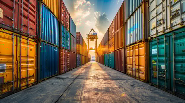 A view of a narrow walkway between two rows of shipping containers photo
