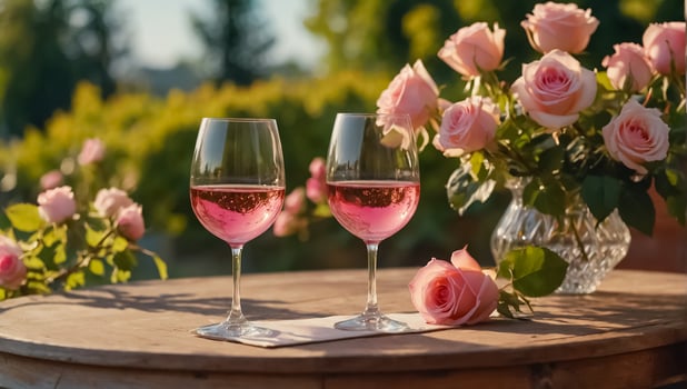 Glasses with pink wine, flowers on the table in nature photo