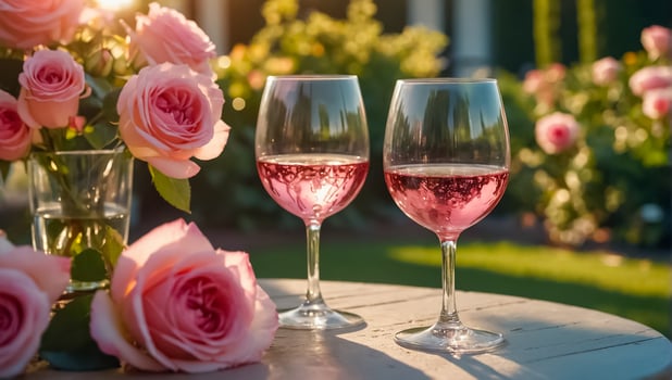 Glasses with pink wine, flowers on the table in nature photo