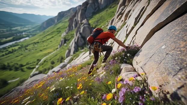 rock climber is climbing a cliff photo