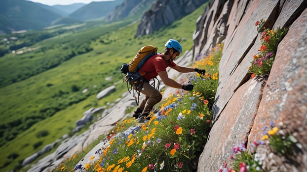 rock climber is climbing a cliff photo