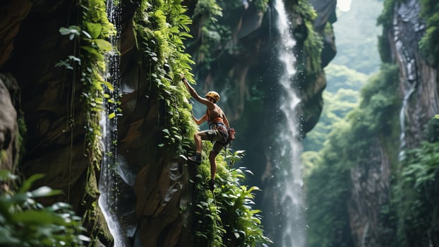 rock climber is climbing a cliff, wide landscape of slippery cliffs in tropical forest photo