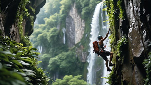 rock climber is climbing a cliff, wide landscape of slippery cliffs in tropical forest photo
