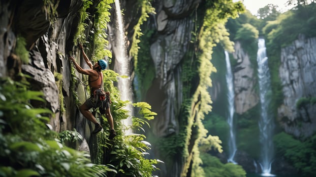 rock climber is climbing a cliff, wide landscape of slippery cliffs in tropical forest photo