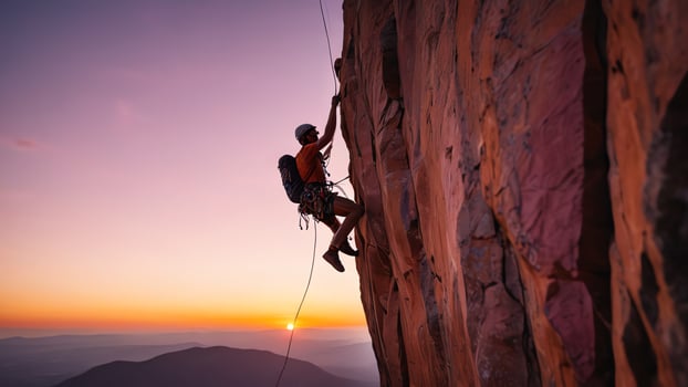 rock climber is climbing a cliff, wide landscape of rock cliffs with sunset photo