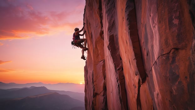 rock climber is climbing a cliff, wide landscape of rock cliffs with sunset photo